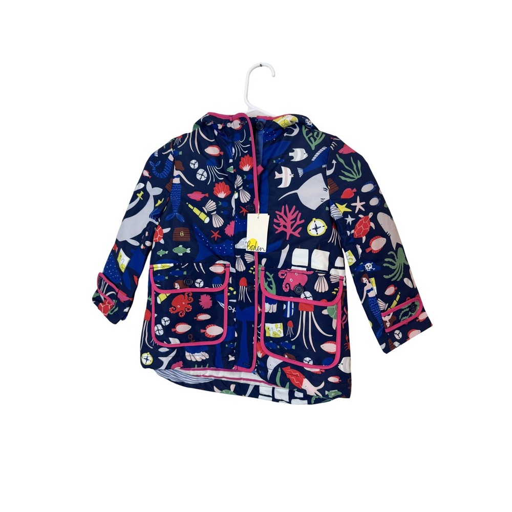 Mini Boden Rain Coat Girls 5-6Y Blue Underwater Print Hooded Puffer Lined Jacket